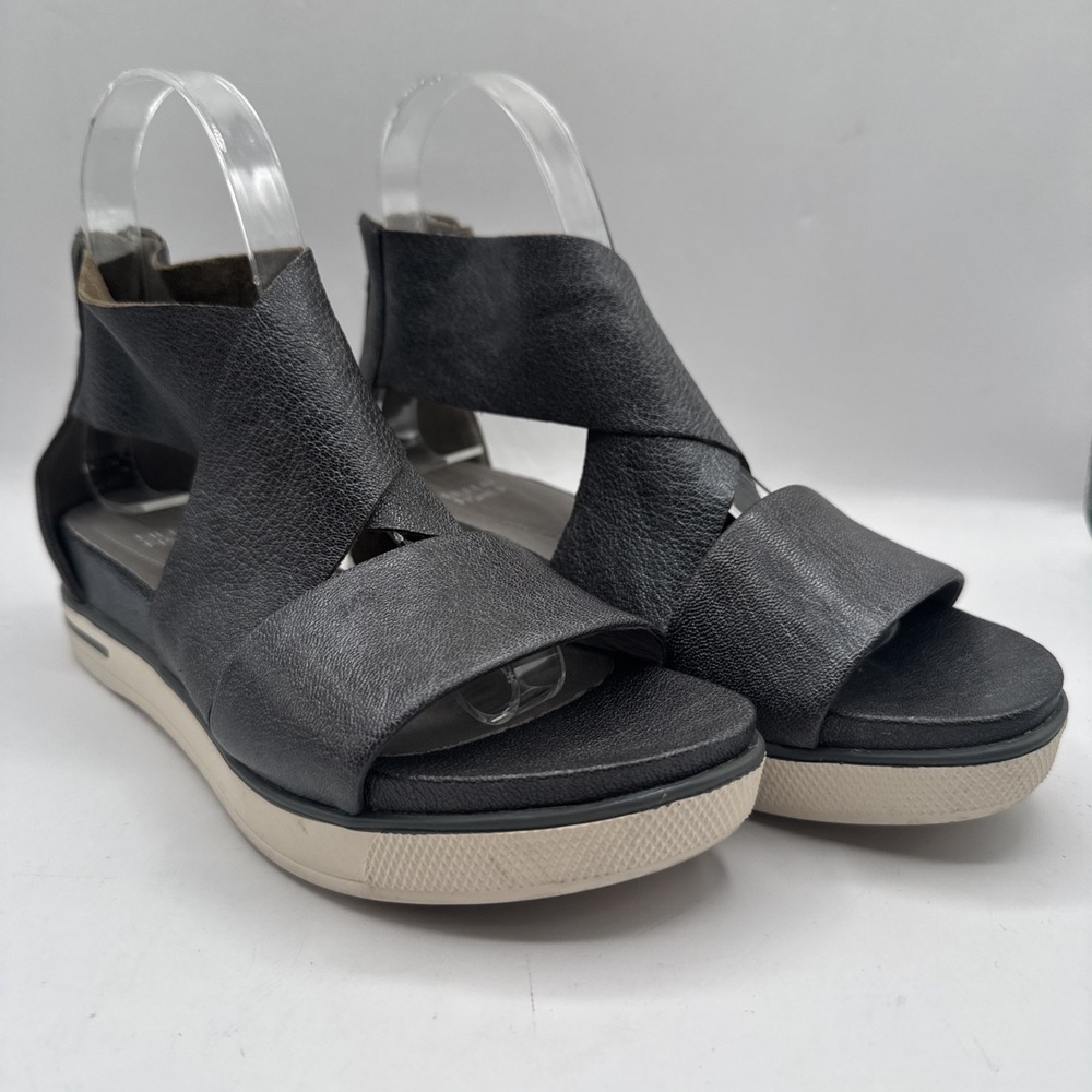 Eileen Fisher Womens Sport Platform‎ Leather Open Toe Zip Sandals Silver Size 7